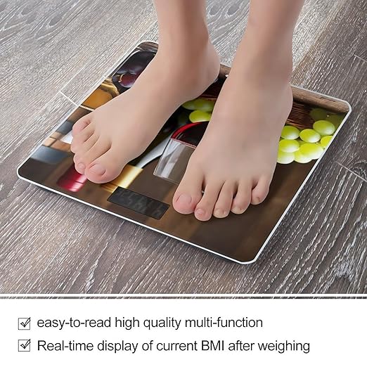 Women's Digital Bathroom Weighing Scale Automatic Switch Energy Saving Scale Smart Scale for Body Weight White Red Wine Glasses Grapes Wooden