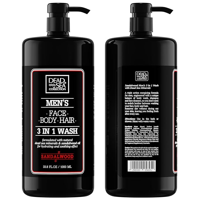 Dead Sea Collection Sandalwood Men’s Body Wash – 3 in 1 Body Wash for Men for Hair Face &amp Body – Moisturizing Shower Gel with Dead Sea Minerals – Pack of 2 (33.8 fl oz each)