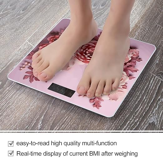Flowers on Light Pink Background Scale for Body Weight Precision Bathroom Weighing Scales with Back Lit LCD Display Sturdy Tempered Glass Body Weight Scales Digital Bathroom Scale 400lb
