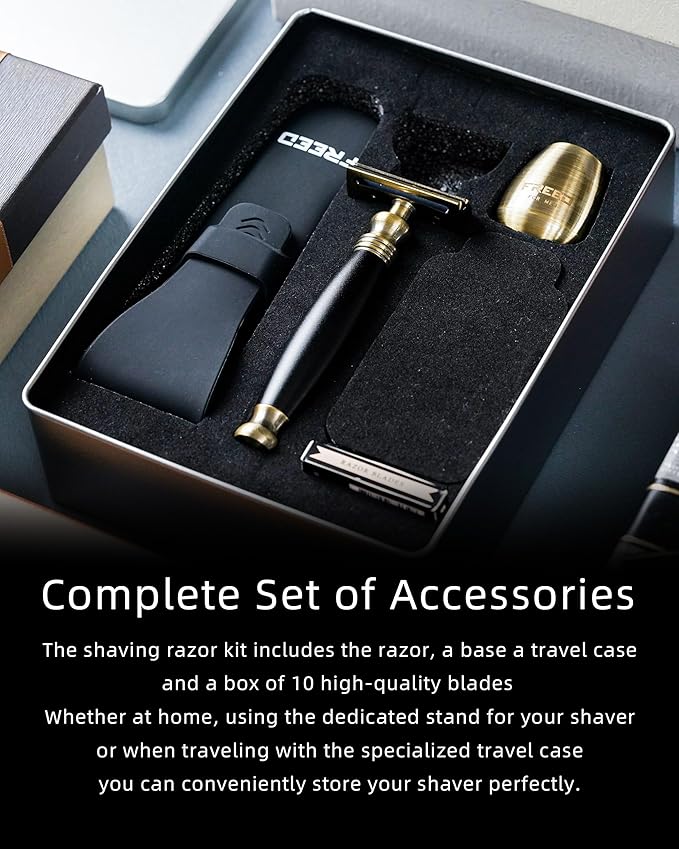 FREED Bronze Series Customized gifts Engraving Shaving Kit - Safety Razor with metal handle include razor travel caserazor baseand 10 bladesIt's the best gift for men (Black)