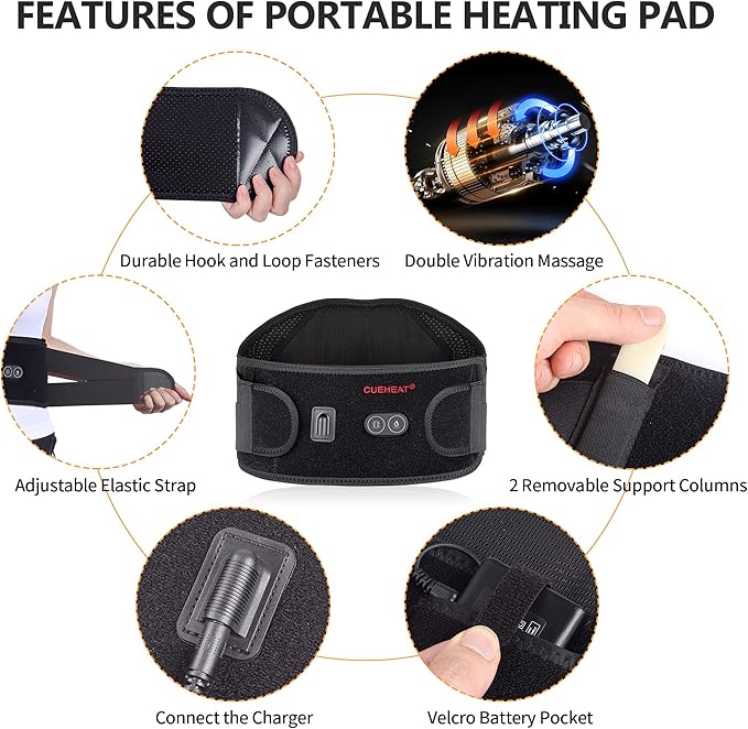 CUEHEAT Heated Waist Belt Cordless Heating Pad for Low Back Electrical Heating and Massage Rechargeable Battery Powered (Dark Black 53inch)