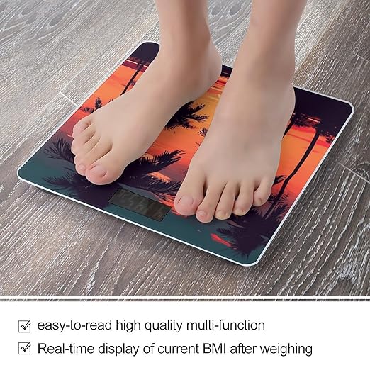 Palm Tree Summer Sunset Bathroom Scale Large LCD Backlight Display Digital Scale Rounded Corners Body Scales Automatic Power On/Off Bathroom Scales for Home Bedrooms