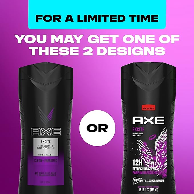 AXE Body Wash Phoenix Mint &amp Rosemary and Excite Coconut &amp Pepper Men's Body Wash 16 oz 4 Pack Bundle