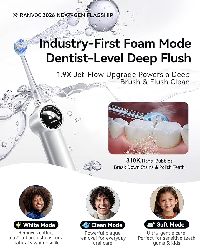 RANVOO AirJet X5 [Next-Gen Jet-Flow | Maximum Clean Power] Sonic Electric Toothbrush 100% Plaque Removal Whitening &amp Gum Care 60-Day Battery Life Rechargeable with 3 Pro Brush Heads Ivory Whi