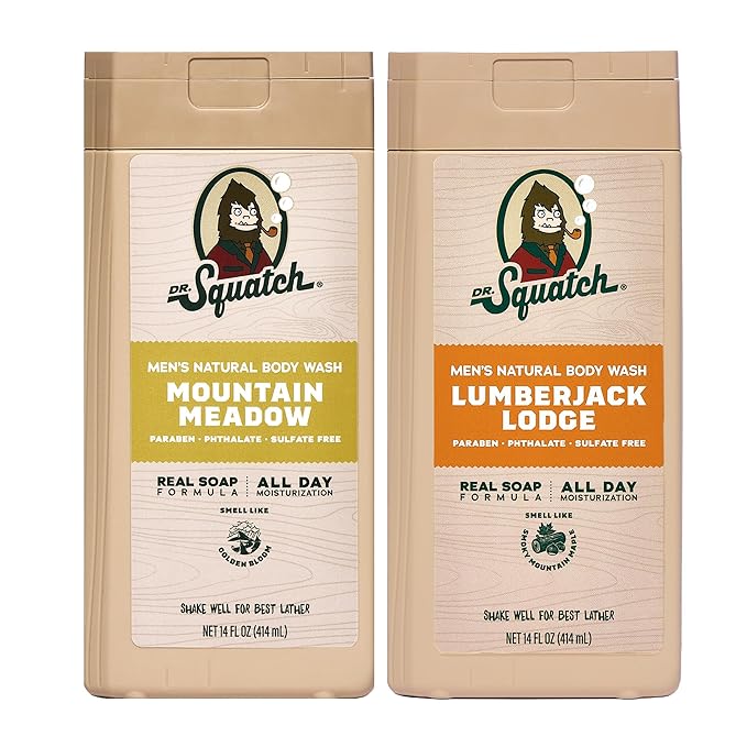 Dr. Squatch Natural Men's Body Wash Shower Gel - Cleansing Nourishing Long Lasting Scent Moisturizing Body Wash for Men - Mountain Meadow + Lumberjack Lodge (14 oz 2-Pack)