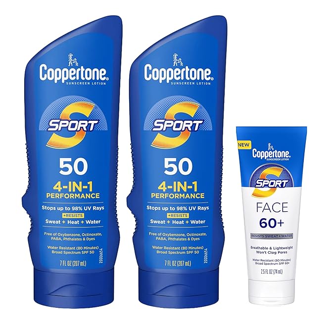 Coppertone Sport Sunscreen Pack Water Resistant Sunscreen Sport Sunscreen Lotion SPF 50 7 Fl Oz Bottle (Pack of 2) + Sport Face Sunscreen Lotion SPF 60+ 2.5 Fl Oz Tube