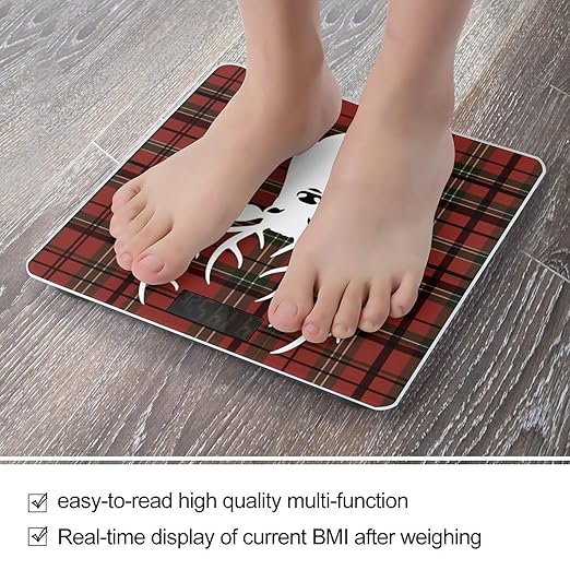 Merry Christmas Reindeer Tartan Checkered Plaid Xmas Weight Scale for Body Weight Digital Bathroom Scale High Capacity Accurate Digital Weighing Scales and Easy-to-Read on Backlit LCD Display Scales