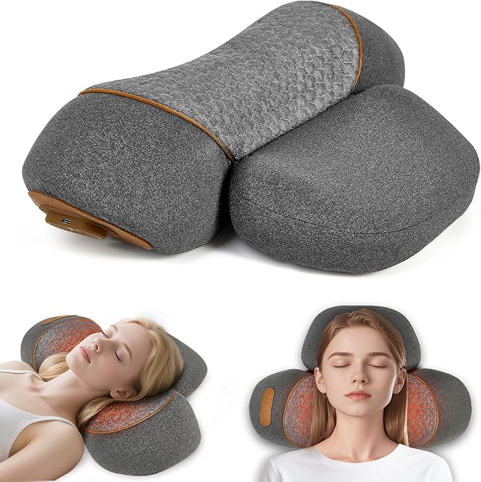 3-in-1 Heated Neck Massager Pillow for Pain Relief Deep Tissue Massage with Heat Vibration &amp Airbag Traction Portable Ergonomic Design Gift for Women/Men