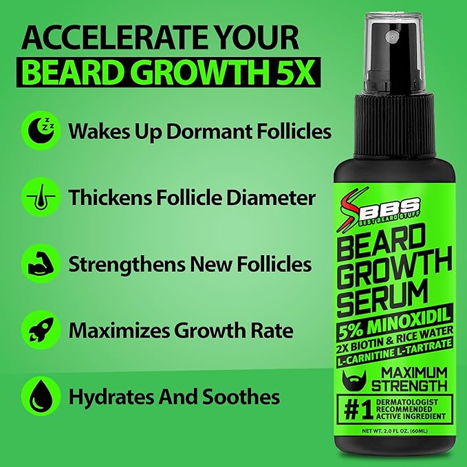 Minoxidil for Beard Growth – 5% Serum with 2X Biotin &amp Rice Water Promotes Thicker Fuller Facial Hair Ideal for Patchy Areas Revitalizes Follicles (Pack of 2)