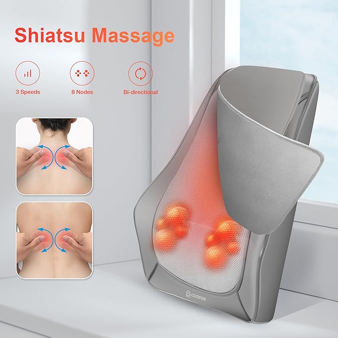 COMFIER Shiatsu Neck and Back Massager with Heat &amp Vibration 3D Deep Kneading Back Massage for Pain Relief Home Office UseGift for Her/HimGray