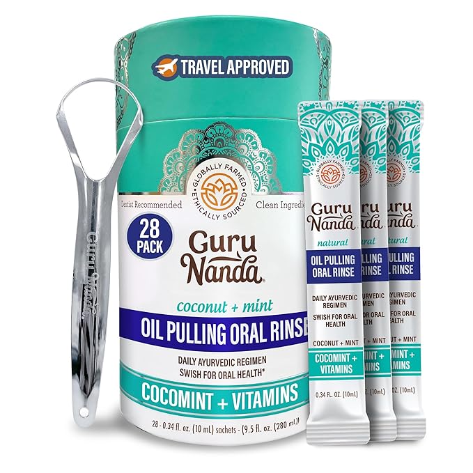 GuruNanda Travel Sachets Coconut Oil Pulling Fresh Breath Mouthwash 7 Essential Oils &amp Vitamins for Happy Teeth &amp Gums with Tongue Scraper 28 Sachets