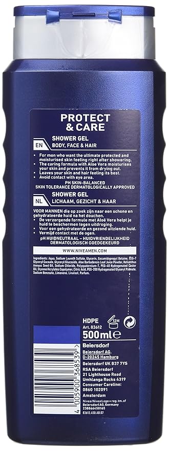 NIVEA MEN Protect &amp Care 3-in-1 Shower Gel for Body Face and Hair with Aloe Daily Cleansing Formula with Fresh Masculine Fragrance Dermatologically Tested Shower Gel16.9 fl oz/500 ml Bottle
