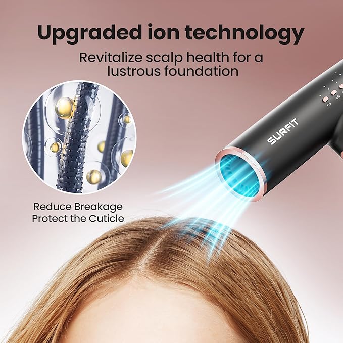 Hair Dryer with Diffuser Surfit Blow Dryer Foldable Travel Hairdryer 110000 RPM Professional Ionic Hair Dryer for All Hair Types 1 Min Fast Drying Precision Styling No Heat Damage