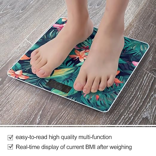 Tropical Floral Leaves Weight Scale Digital Electronic Scales Bathroom Scale Larg LCD Backlight Display High Precision MeasurementsTempered Glass