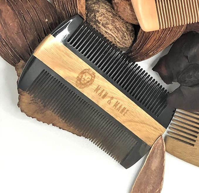 Premium Natural Ox horn and Sandalwood Beard Comb Dual-Action | Double Sided Beard &amp Mustache Comb with Brown Protective Case | Perfect Grooming Companion &amp Gift for Men – by Man &amp Mane