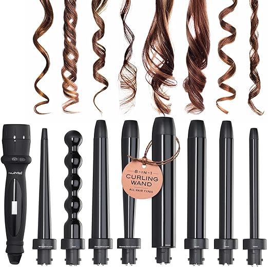 NuMe Octowand 8-in-1 Curling Wand Set Interchangeable Tourmaline Ceramic Barrels 13mm - 32mm Heat-Resistant Glove and Travel Case LCD Digital Display