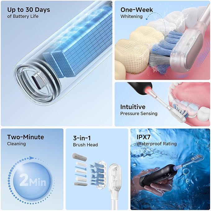 Mova Fresh SweepDrive Electric Toothbrush Rechargeable Electric Power Toothbrush for Adults Intuitive Pressure Sensing 3-in-1 Replacement Brush Head with Holder 30 Days of Battery Life Black