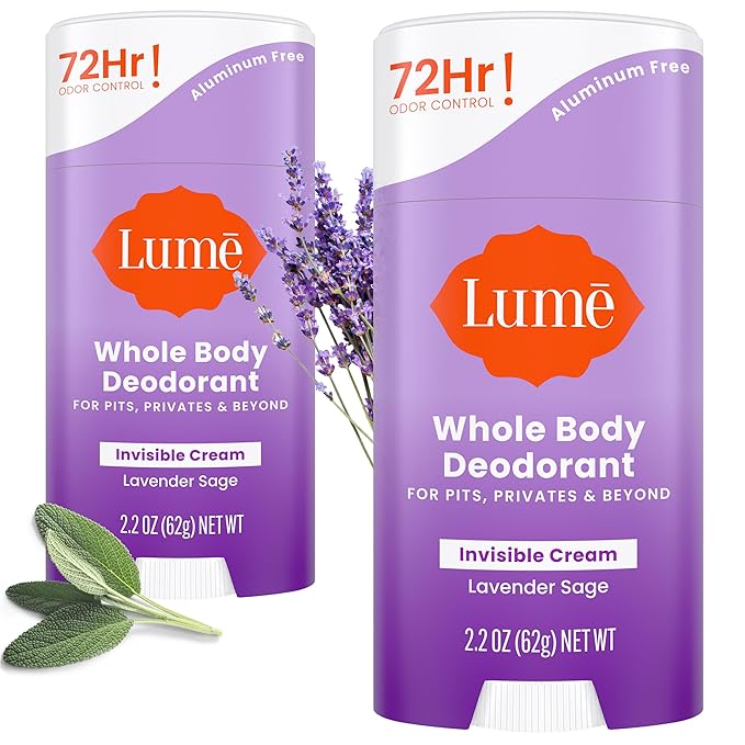Lume Deodorant Cream Stick - Underarms and Private Parts - Aluminum-Free Baking Soda-Free Hypoallergenic and Safe For Sensitive Skin - 2.2 Ounce (Pack of 2) (Lavender Sage)