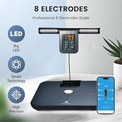 EILISON Smart Scale for Body Weight: 8-Electrode Precision Digital Bathroom Scale for Fat BMI 32 Muscle Body Composition Analyzer Highly Accurate Weighing Machine 400lbs (8 Electrode Grey Handle)