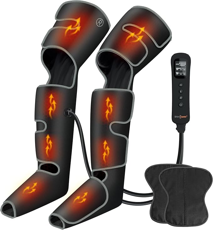 SHINE WELL Leg Massager with Heat and Compression for Circulation 3 Heat 3 Modes 3 Intensities for Pain Relief and Swelling Foot and Leg Compression Massager