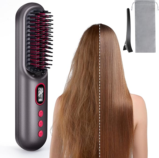 LAMA Cordless Hair Straightener Brush - Portable Hair Brush - 20s Fast Heating - 130 Million Plasma for Frizz-Free Shine 9000mAh Mini Hair Straightener Comb for Women Travel LED Display Hot CombBK