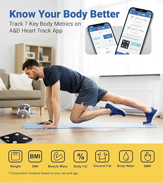 A&ampD Medical Smart Scale for Body Weight - UC-450BLE - Bluetooth Body Fat Scale with BMI Body Composition Digital Bathroom Scale Tracks 7 Biometrics Syncs with A&ampD App - 397lb