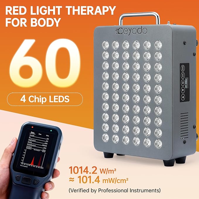 Red Light Therapy for Body 4 Chip LED Light Therapy Panel with Near-Infrared Light 630nm 660nm 850nm 940nm 138W High Power 60 LED Red Infrared Light Device Includes Hanging Kit &amp HandleGrey