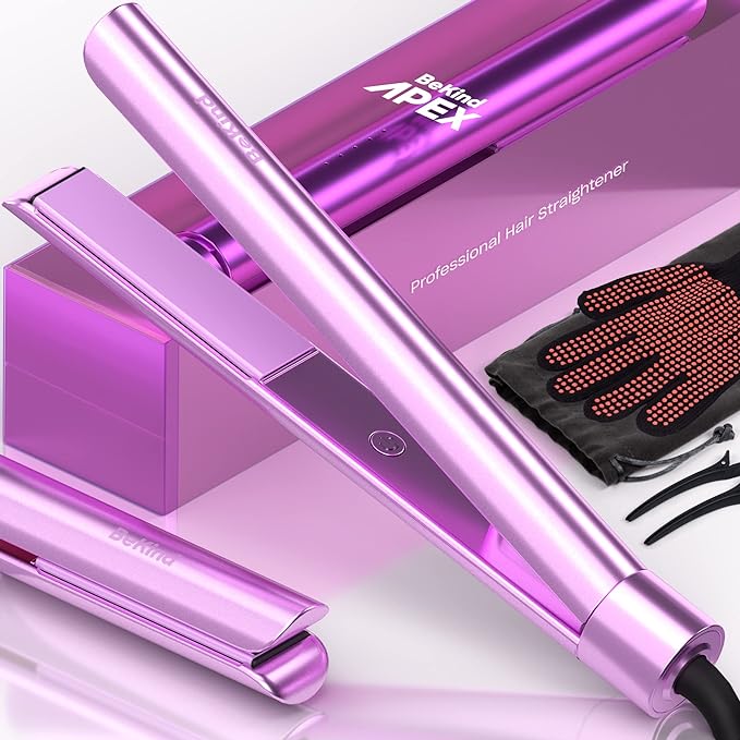 Bekind Apex 2-in-1 Hair Straightener Flat Iron | 1“ 460°F Straightener &amp Curler for All Hairstyles | UltraSmooth Tech | 15s Fast Heating &amp Temp Memory | Gift Set for Girls Women (Violet Bloom)