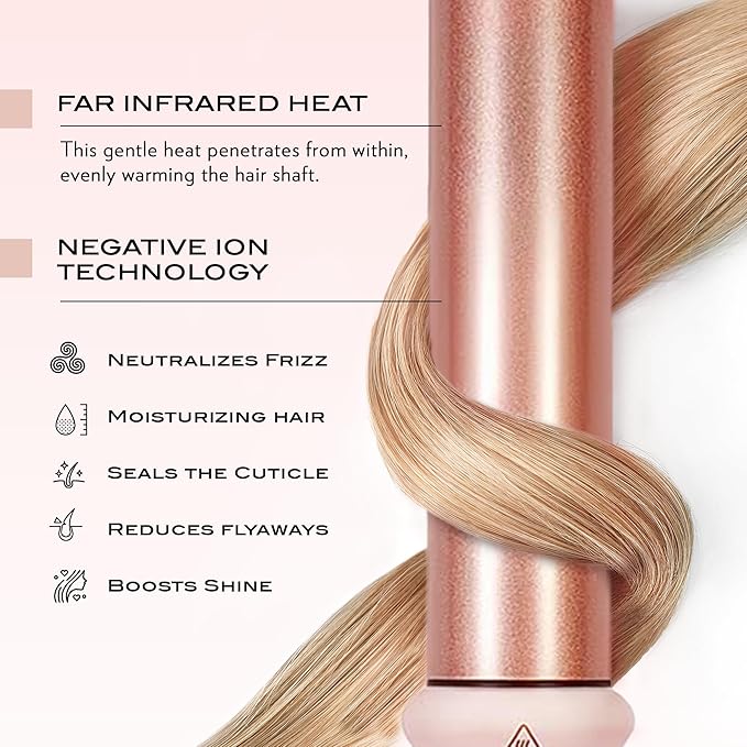 NuMe Classic Ceramic Curling Wand - Tourmaline 1.25 Inch Barrel Hair Curler Negative Ion Conditioning Far Infrared Heat - All Hair Types - Blush