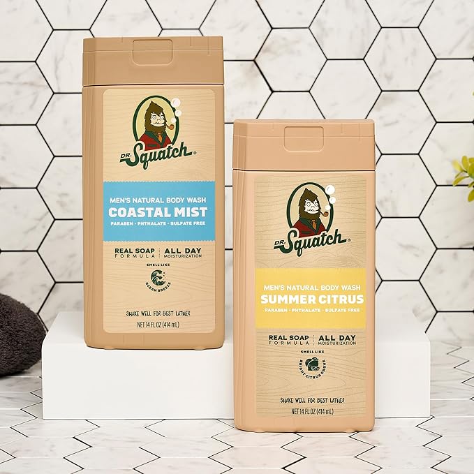 Dr. Squatch Natural Men's Body Wash Shower Gel - Cleansing Nourishing Long Lasting Scent Moisturizing Body Wash for Men - Coastal Mist + Summer Citrus (14 oz 2-Pack)
