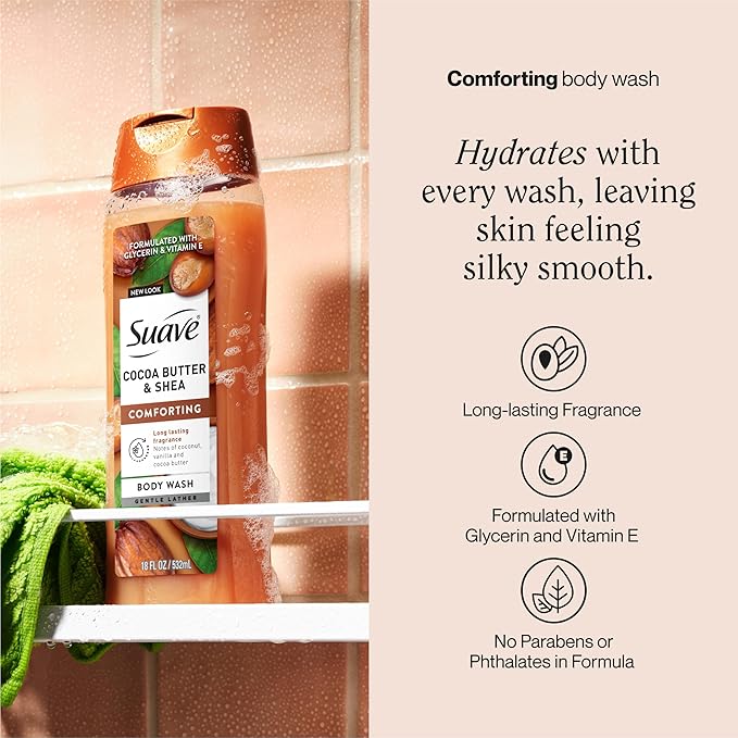 Suave Moisturizing Body Wash Cocoa Butter and Shea with Vitamin E Extract No Parabens No Phtahaltes 18 Oz Pack of 6