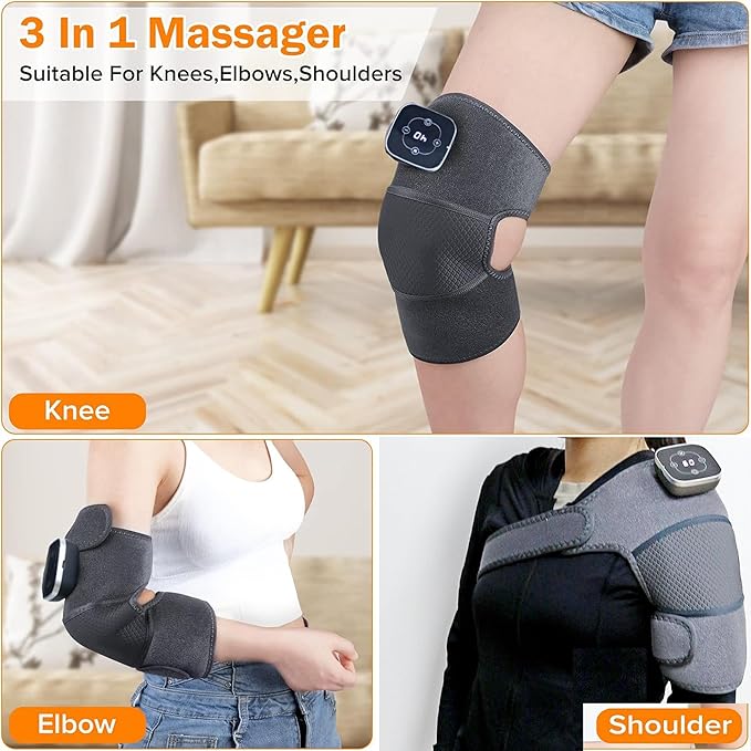Heated Knee MassagerHeating Knee Support Brace Wrap with Massage3-in-1 Knee Elbow Shoulder Massager with 3 Vibrations Modes 5 Heating Levels (1 Pack +Grey)
