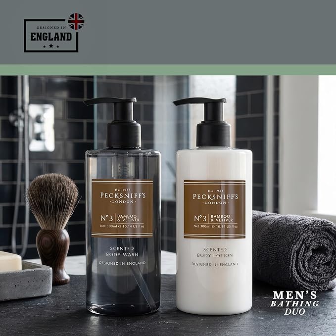 Pecksniffs Mens Bathing Duo Collection – Bamboo &amp Vetiver Scented Body Wash and Body Lotion Gift Set 2 x 250ml