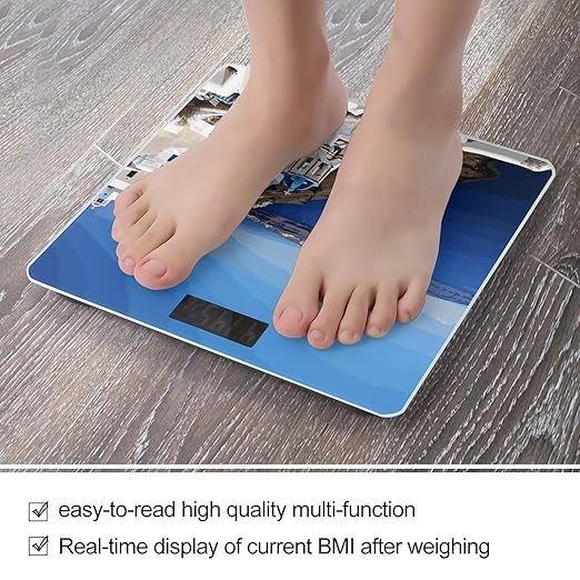 Santorini Greek Island Sea View Scale for Body Weight Sturdy Tempered Glass Weighing Scales with LCD Display Accurate Digital Bathroom Scale Convenient Body Fat Smart Scales Easy Read