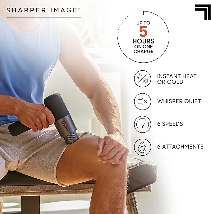 Sharper Image Powerboost Hot + Cold Massage Gun Bundle - Deep Tissue Percussion Massagers with Heat/Cool Therapy Multiple Attachments &amp Speeds Quiet Ergonomic Design Muscle Relief Workout Recov