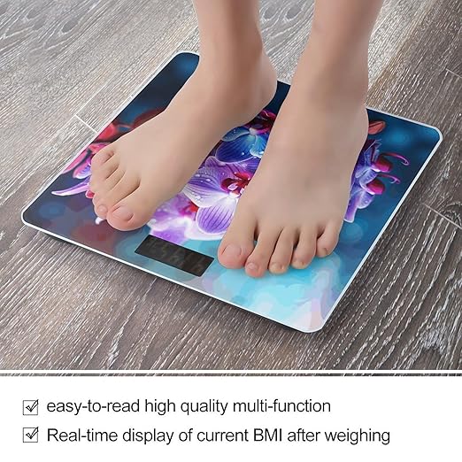 Colorful Orchids Flower Scale for Body Weight Safe Rounded Corners Tempered Glass Digital Bathroom Scale LED Display 400lb Capacity Weight Scales with High Precision Sensors