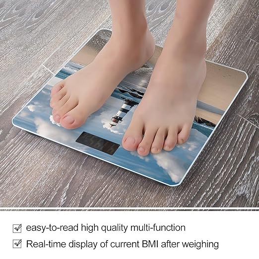 Sea Lighthouse Sandbeach Bathroom Scale for Body Weight LCD Display Digital Bathroom Scale Tempered Glass Bathroom Weight Scales Fashion Smart Scales for Home Bedroom 400 Lb