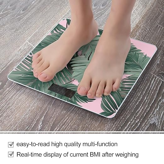 Green Palm Tree Leaves Pink Digital Bathroom Scale Fashion Unique Weight Scale BMI Anti-Slip Precision Weighing Scales Suitable for Home Bedrooms Use and Gift