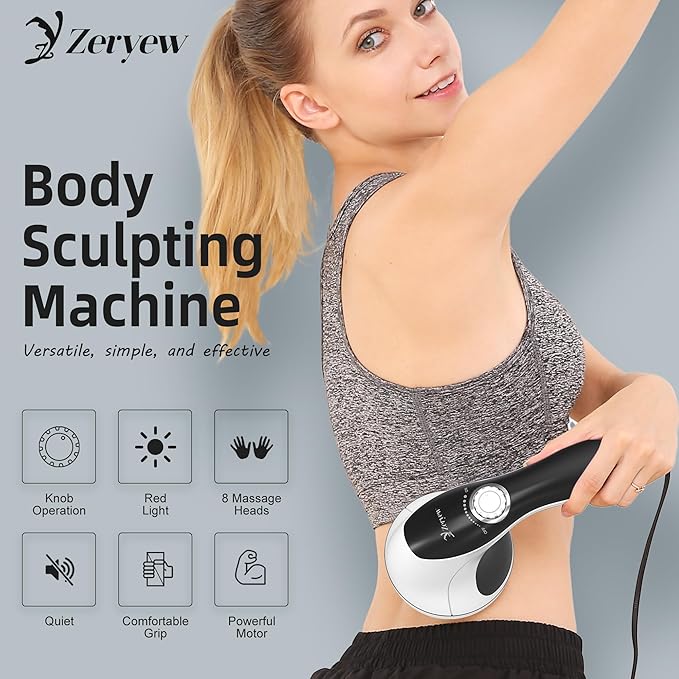 Handheld Cellulite Massager Body Sculpting Machine Cellulite Massager Electric Tool Lymphatic Massage Roller with 8 Rotating Heads &amp 2 Mesh Caps for Body Shaping &amp Lymphatic Drainage