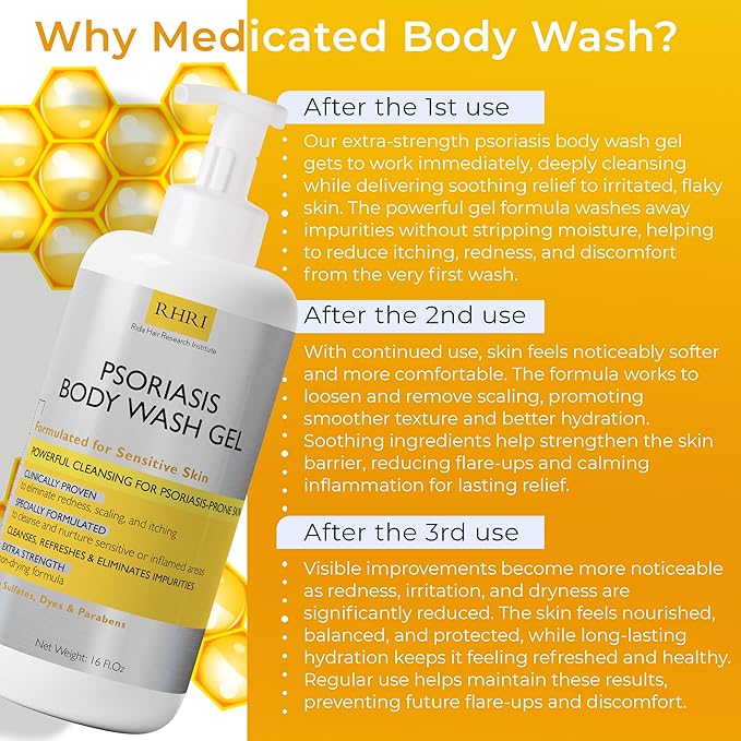 Body Wash | Psoriasis Treatment For Skin | Psoriasis Body Gel | Foaming Cleanser For Dry Itchy Red Flaky Scaly Skin w/Scrubber