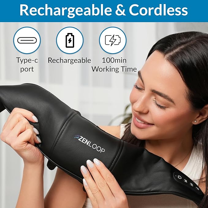 ZENLOOP Ultra-Comfort Neck &amp Shoulder Massager - Advanced 4D Kneading Therapy with Soothing Heat - USB-C Rechargeable - Adjustable Design Quiet Use Extended Battery &amp Durable - for Home/Offi