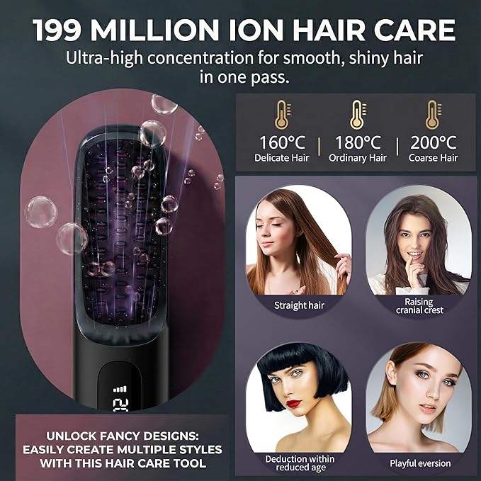 Cordless Hair Straightener Brush with 199M Negative Ions Portable Mini Straightening Comb for Travel 20s Fast MCH Ceramic Heating LCD Display Hair Tools with Bonus Storage Pouch