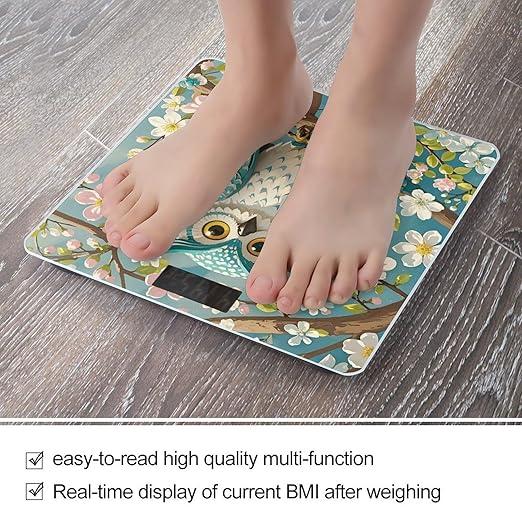 Owl Spring Flowers Turquoise Scale for Body Weight Digital Bathroom Scale Toughened Glass High Precision Scales for Body Weight with Large LCD Backlight Display Weight Scales