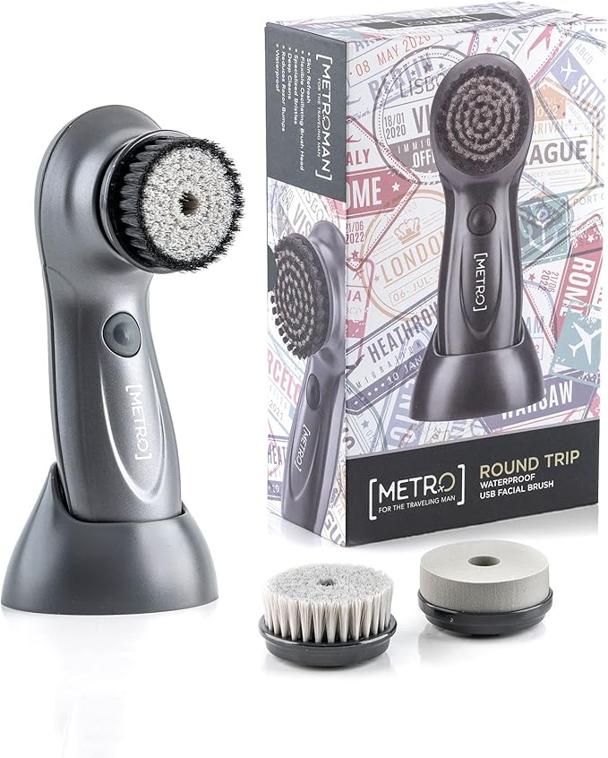 MetroMan Round Tip Facial Cleansing Brush - Waterproof USB Exfoliator - Bi-Directional Rotation - Deep Cleaning Scrubber Brush - Rechargeable Exfoliating Brush - Use with Cleanser (3 Brush Heads)