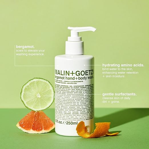 MALIN+GOETZ Hand + Body Wash | Gentle Foaming Cleanser with Botanical Extracts and Amino Acids | Hydrating pH-Balanced Unisex Scent | Vegan &amp Cruelty-Free (Eucalyptus Bergamot Rum Cannabis)