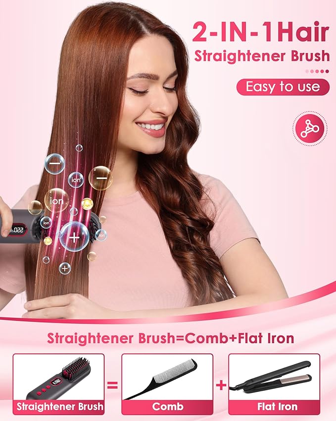 LAMA Cordless Hair Straightener Brush - Portable Hair Brush - 20s Fast Heating - 130 Million Plasma for Frizz-Free Shine 9000mAh Mini Hair Straightener Comb for Women Travel LED Display Hot CombBK