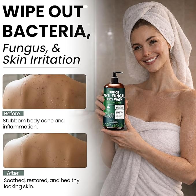 Antifungal Body Wash with Tea Tree Oil | Antifungal Soap for Back AcneTreats Ringworm Eczema &amp Jock Itch | Antifungal Body Soap For Men And Women | Includes Silicon Scrubber (16.9 oz)
