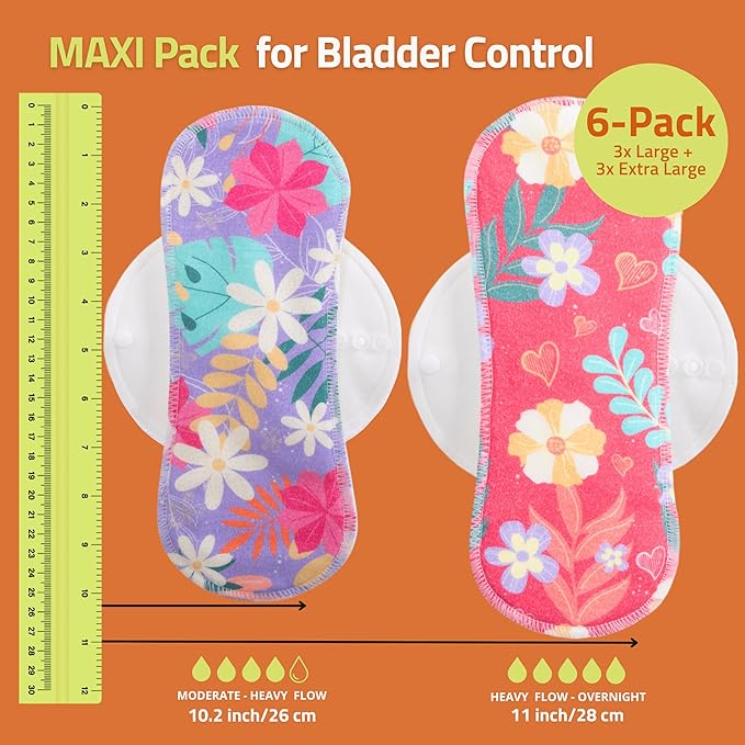 Non-Slip (Premium) High Absorbency Reusable Period Pads for Heavy Flow (6 Pack L+XL) - Leak Proof &amp Odor Free Cotton Cloth Pads for Women - High-Temp Washable Soft &amp Skin-Safe for Menstrual