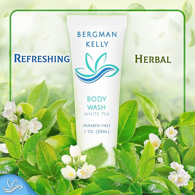 BERGMAN KELLY Travel Size Body Wash (1 fl oz 50 PK White Tea) Delight Your Guests with a Revitalizing and Refreshing Hotel Body Wash Quality Mini and Small Size Guest Hotel Toiletries in Bulk