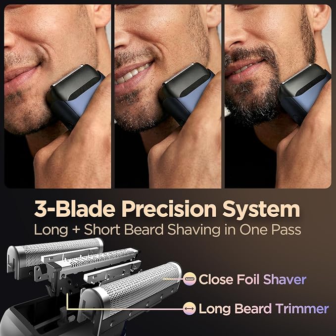 Yineel VT100 Electric Foil Shavers for Men Pocket-Sized with Case Mini Electric Razor for Close Face Shaver 3 Floating Blades IPX7 Waterproof &amp Travel-Friendly/Home Use Gifts for Men Blue